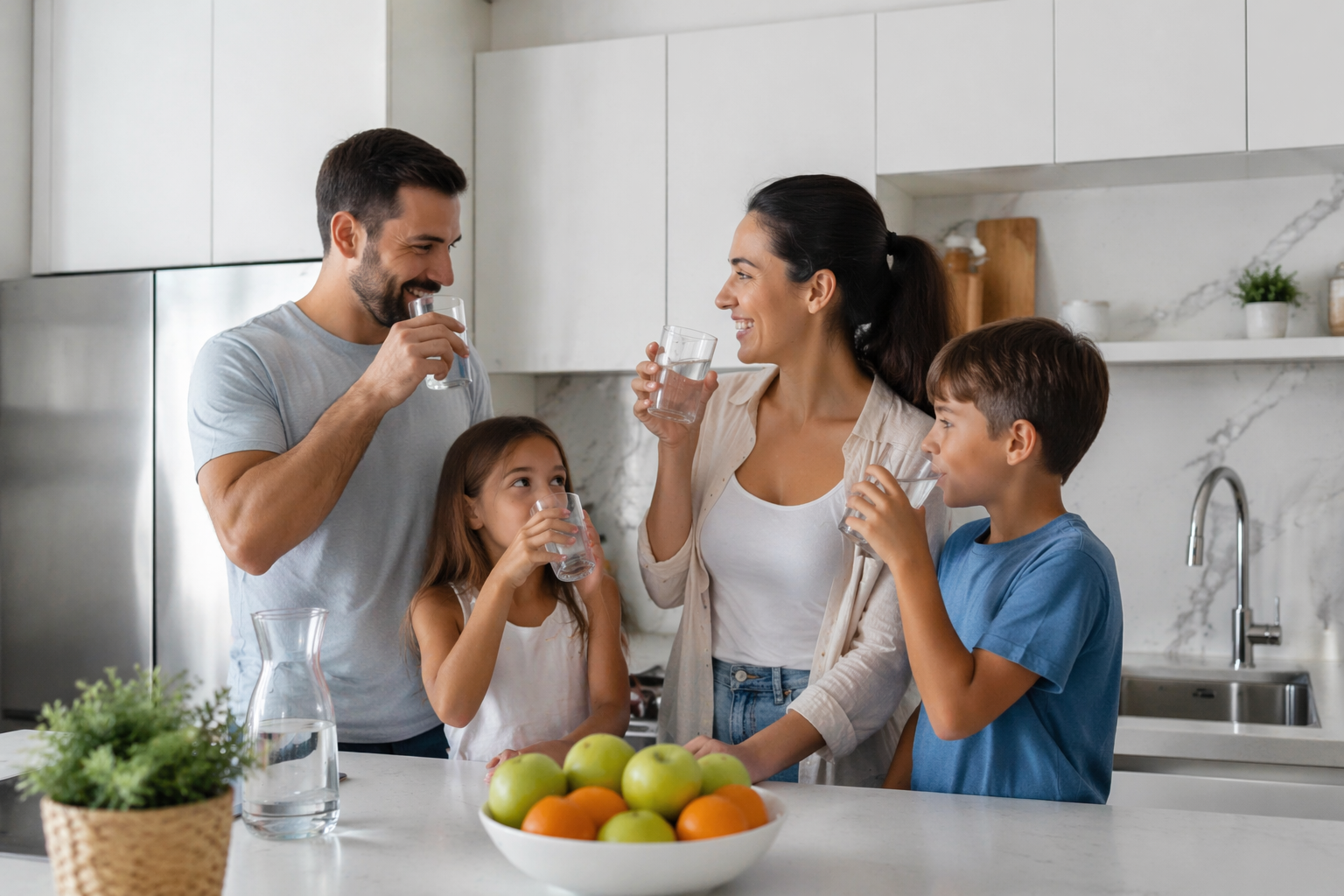 Mother and daughter drinking water in kitchen
