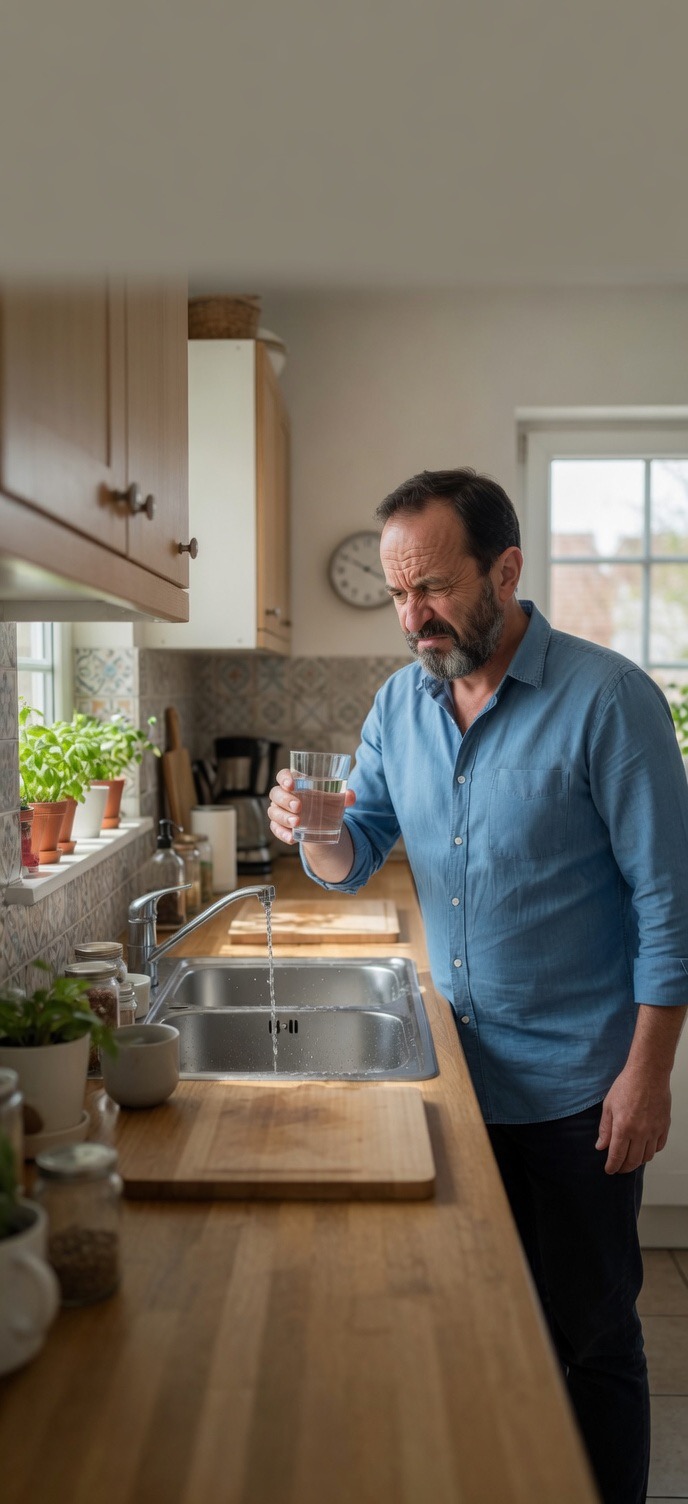 Man reacting negatively to bad tasting water