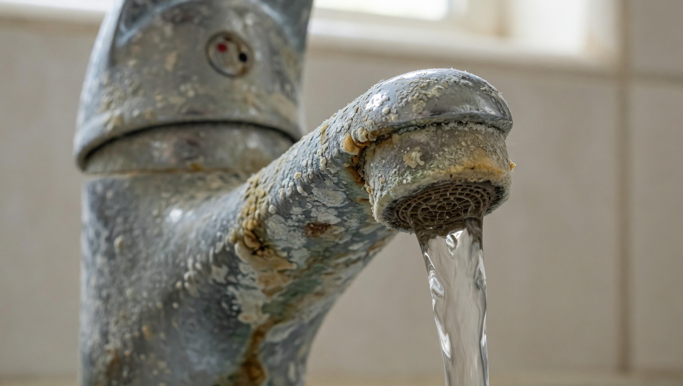Faucet covered with limescale and calcium buildup